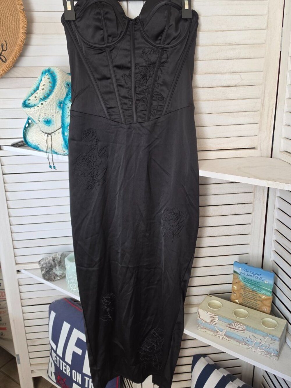 PrettyLittleThing Black Satin Corset Rose Embroidered Maxi Dress XS US 4 - Picture 2 of 10